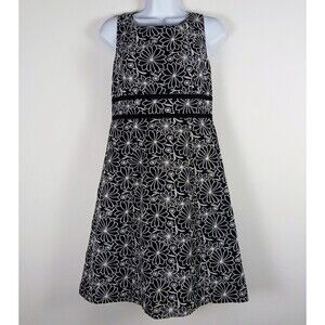 Talbots Linen Blend Sleeveless Embroidered Dress Size 4P Black White Floral